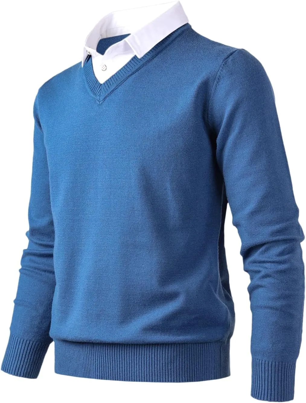 Men's Knit Sweater Fashion Pullover Soft Touch V-Neck Sweatshirt Top with Plaid or White Mock Shirt Collar
