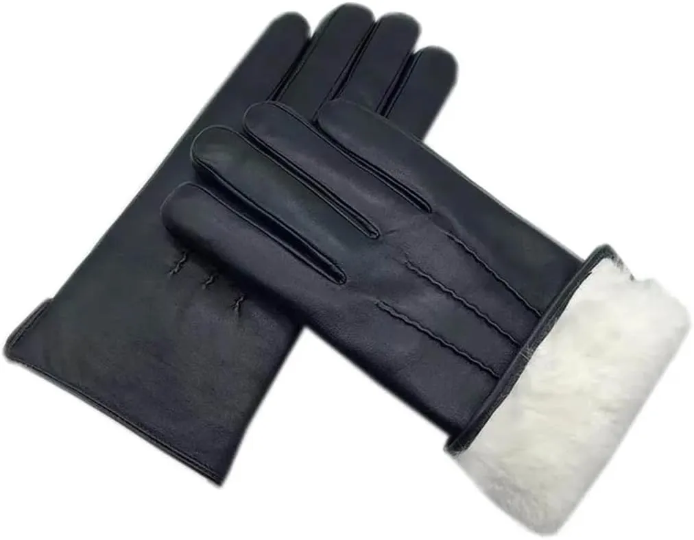 Niiyyjj Winter Men'S Sheepskin Thick Gloves Black Wool Warmth Driving Riding Sports Leather Gloves