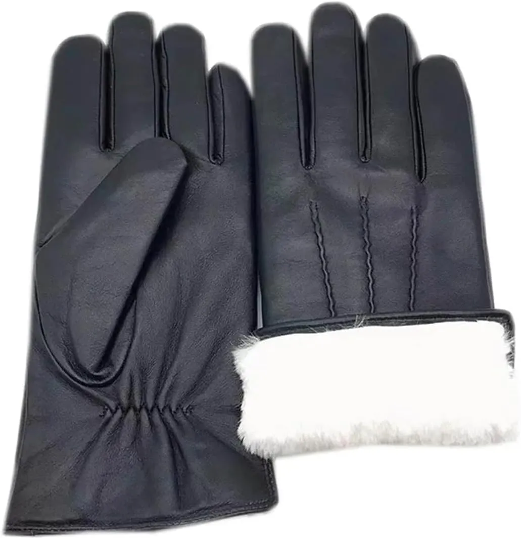 Niiyyjj Winter Men'S Sheepskin Thick Gloves Black Wool Warmth Driving Riding Sports Leather Gloves