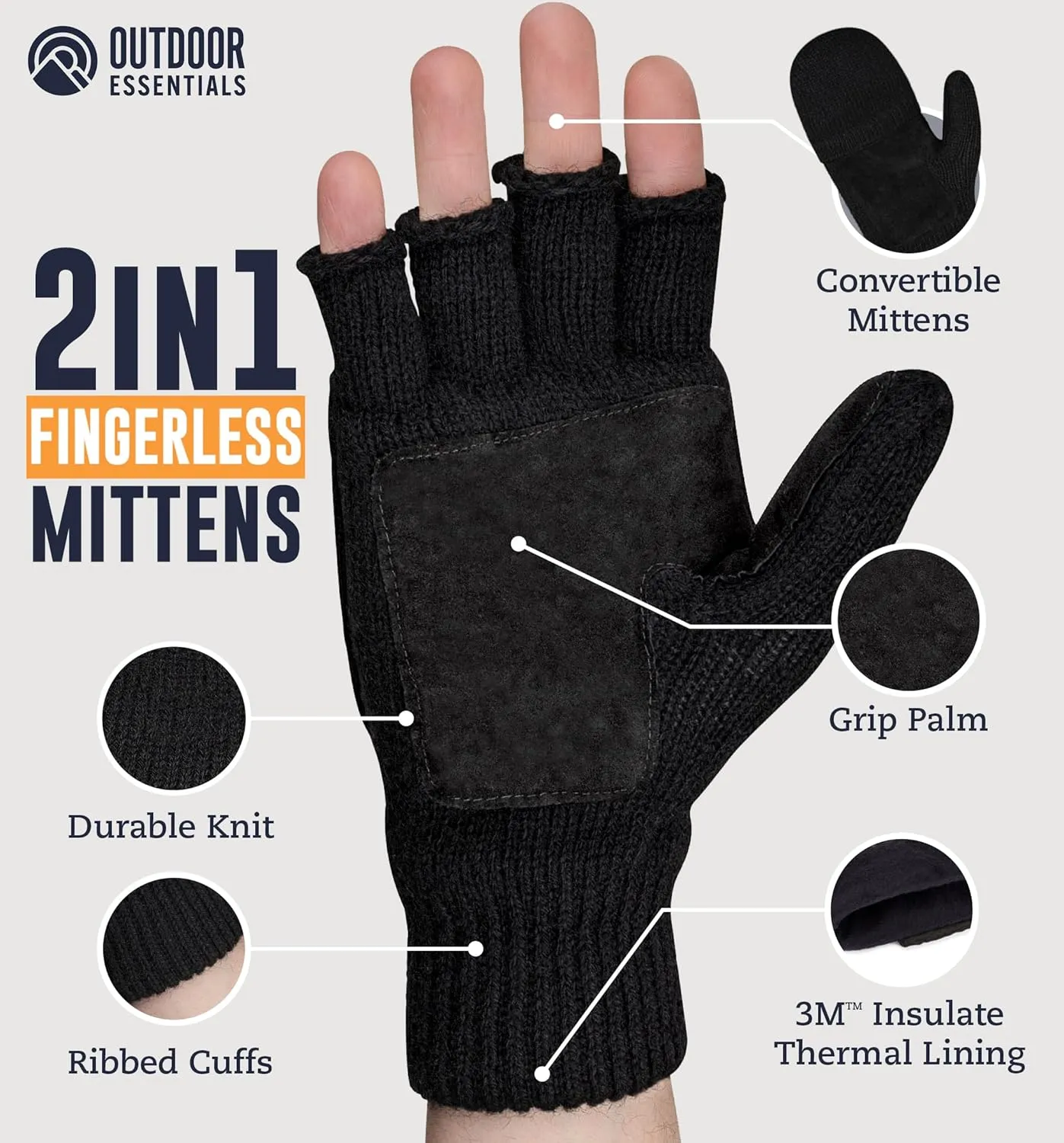 OutdoorEssentials Fingerless Winter Gloves Convertible Mittens for Men & Women - Warm Knit Flip Top Wool Mitten Gloves