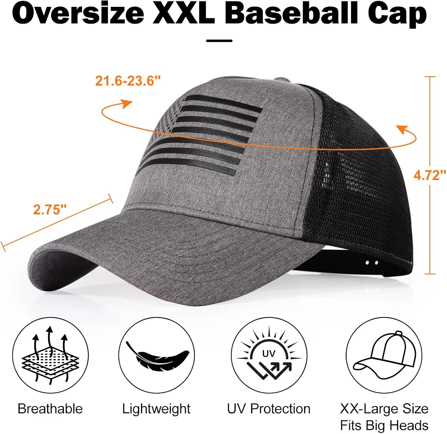 Oversize XXL American Flag Trucker Hat - Adjustable 23"-25.5" Baseball Cap - 3D Embossed Logo Mesh Snapback Hat