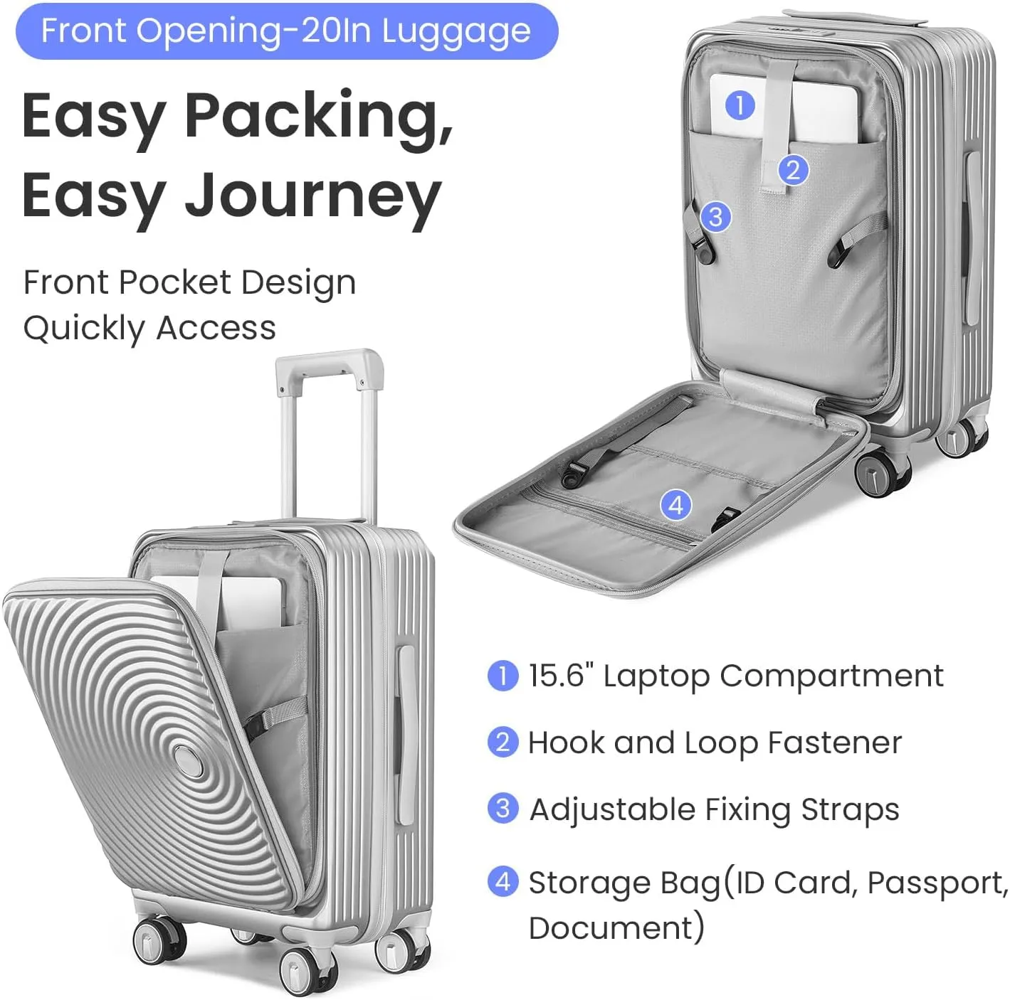 Premium 3-Piece Luggage Set (20/24/28") with TSA Lock | Expandable Carry-On Hardshell Suitcase | 100% PC Material, Spinner Wheels, Front Pocket & Lightweight Design (Silver)