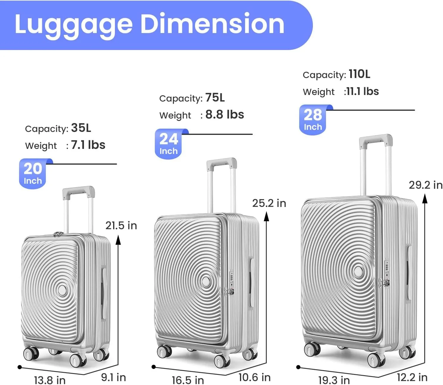 Premium 3-Piece Luggage Set (20/24/28") with TSA Lock | Expandable Carry-On Hardshell Suitcase | 100% PC Material, Spinner Wheels, Front Pocket & Lightweight Design (Silver)