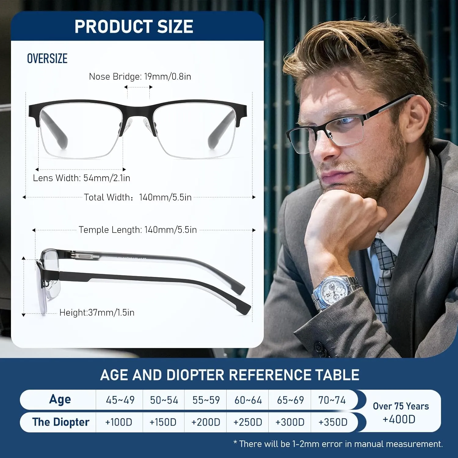 Reading Glasses Men Blue Light Blocking Computer Reader Oversized Metal Half Frame Stylish Eyewear Spring Hinge PT2002