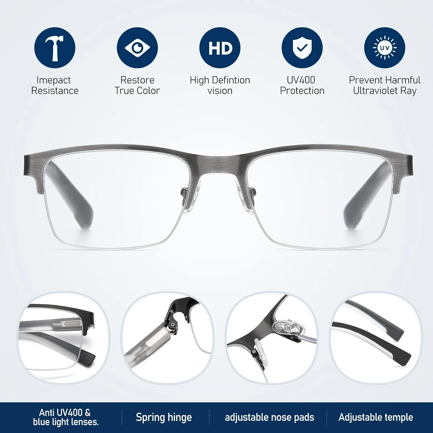 Reading Glasses Men Blue Light Blocking Computer Reader Oversized Metal Half Frame Stylish Eyewear Spring Hinge PT2002