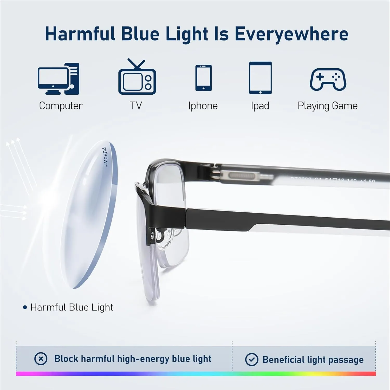 Reading Glasses Men Blue Light Blocking Computer Reader Oversized Metal Half Frame Stylish Eyewear Spring Hinge PT2002