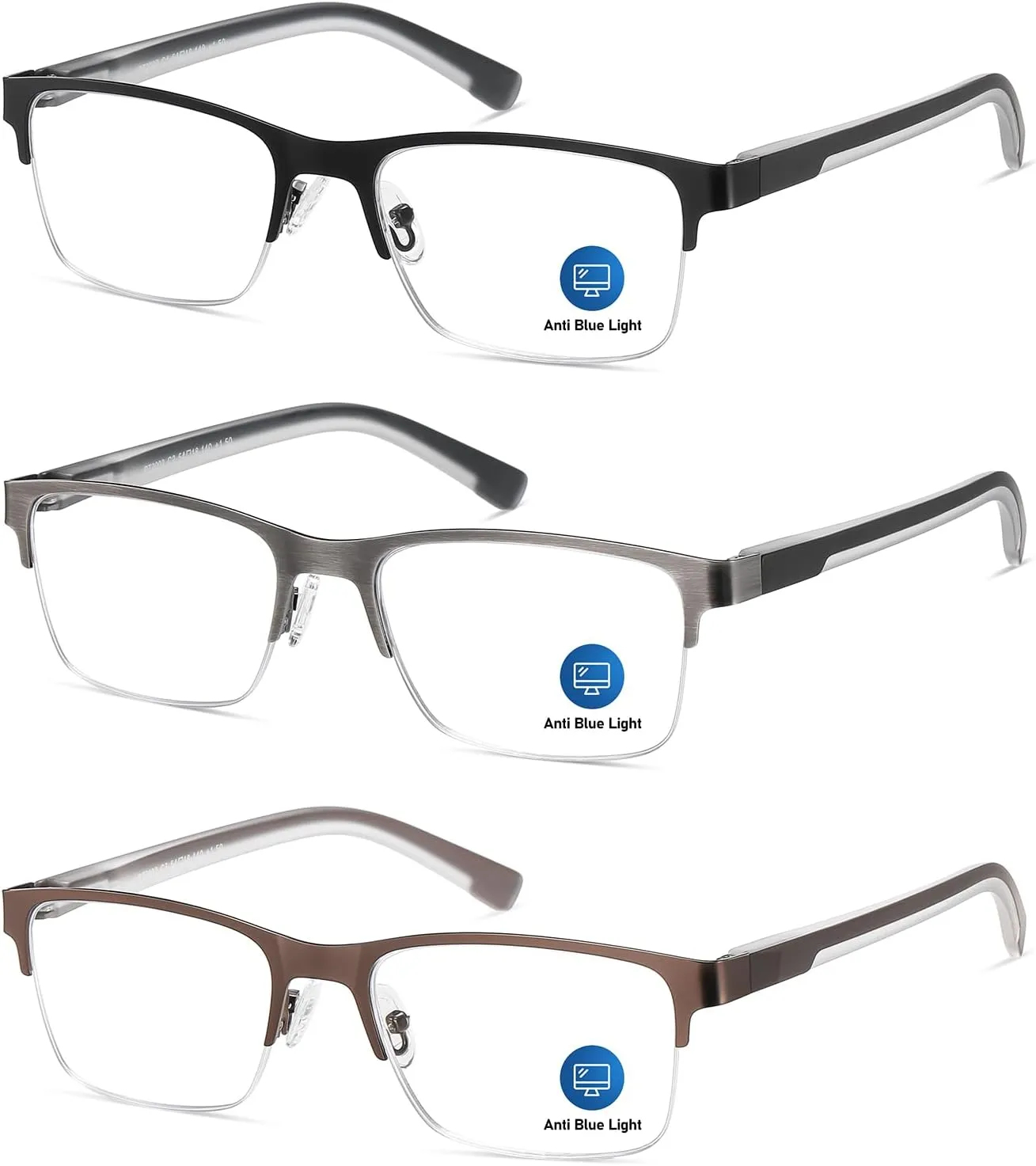Reading Glasses Men Blue Light Blocking Computer Reader Oversized Metal Half Frame Stylish Eyewear Spring Hinge PT2002