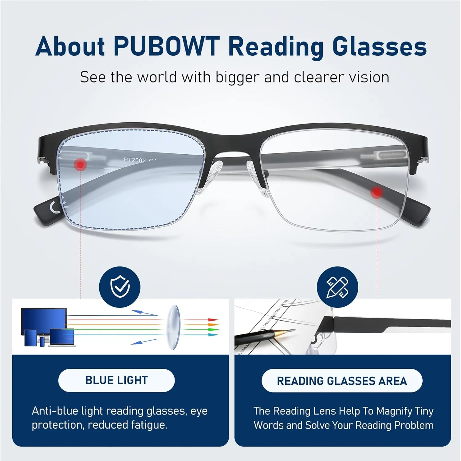 Reading Glasses Men Blue Light Blocking Computer Reader Oversized Metal Half Frame Stylish Eyewear Spring Hinge PT2002