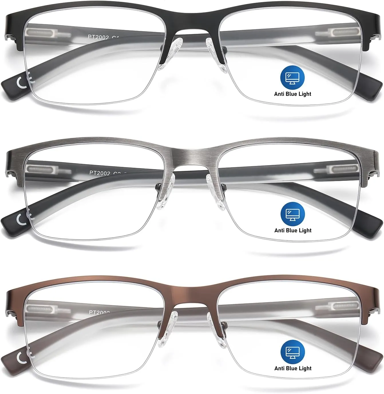 Reading Glasses Men Blue Light Blocking Computer Reader Oversized Metal Half Frame Stylish Eyewear Spring Hinge PT2002