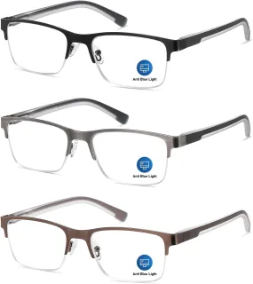 Reading Glasses Men Blue Light Blocking Computer Reader Oversized Metal Half Frame Stylish Eyewear Spring Hinge PT2002