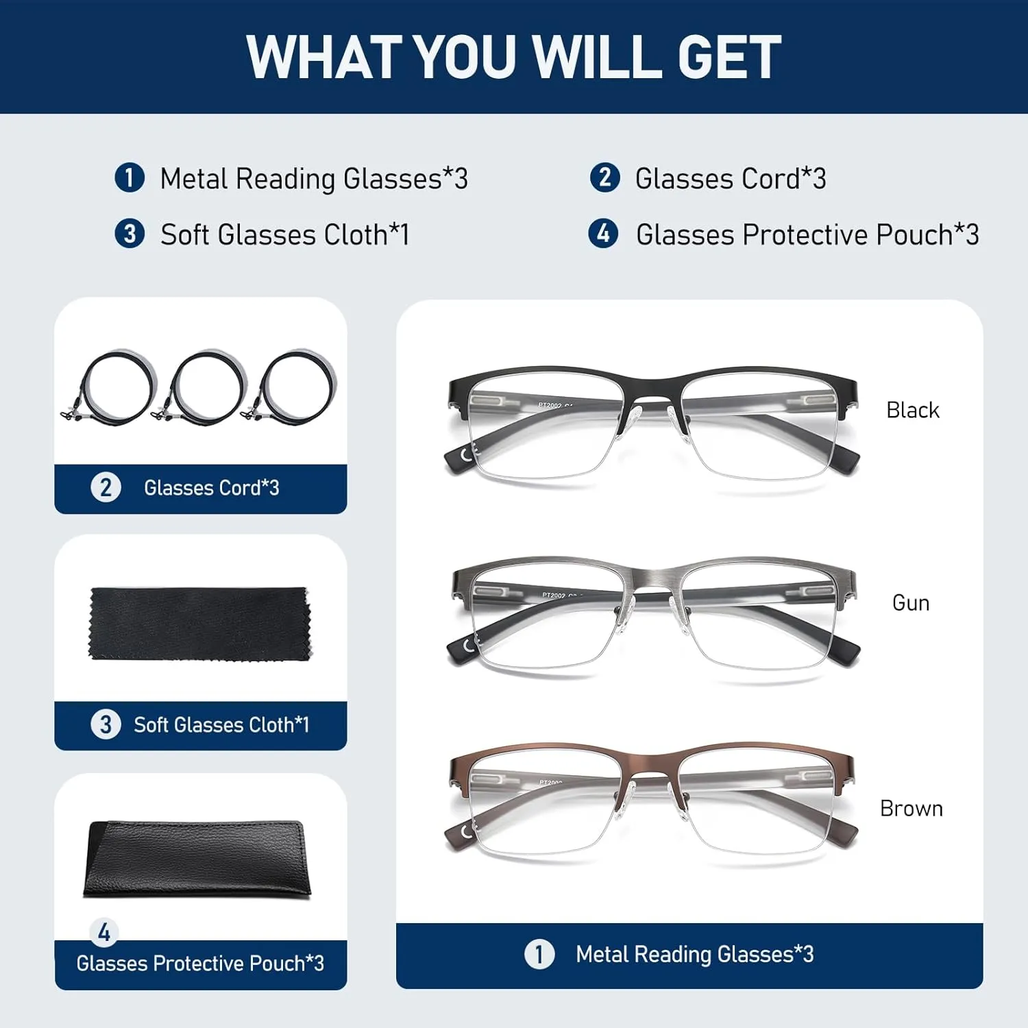 Reading Glasses Men Blue Light Blocking Computer Reader Oversized Metal Half Frame Stylish Eyewear Spring Hinge PT2002