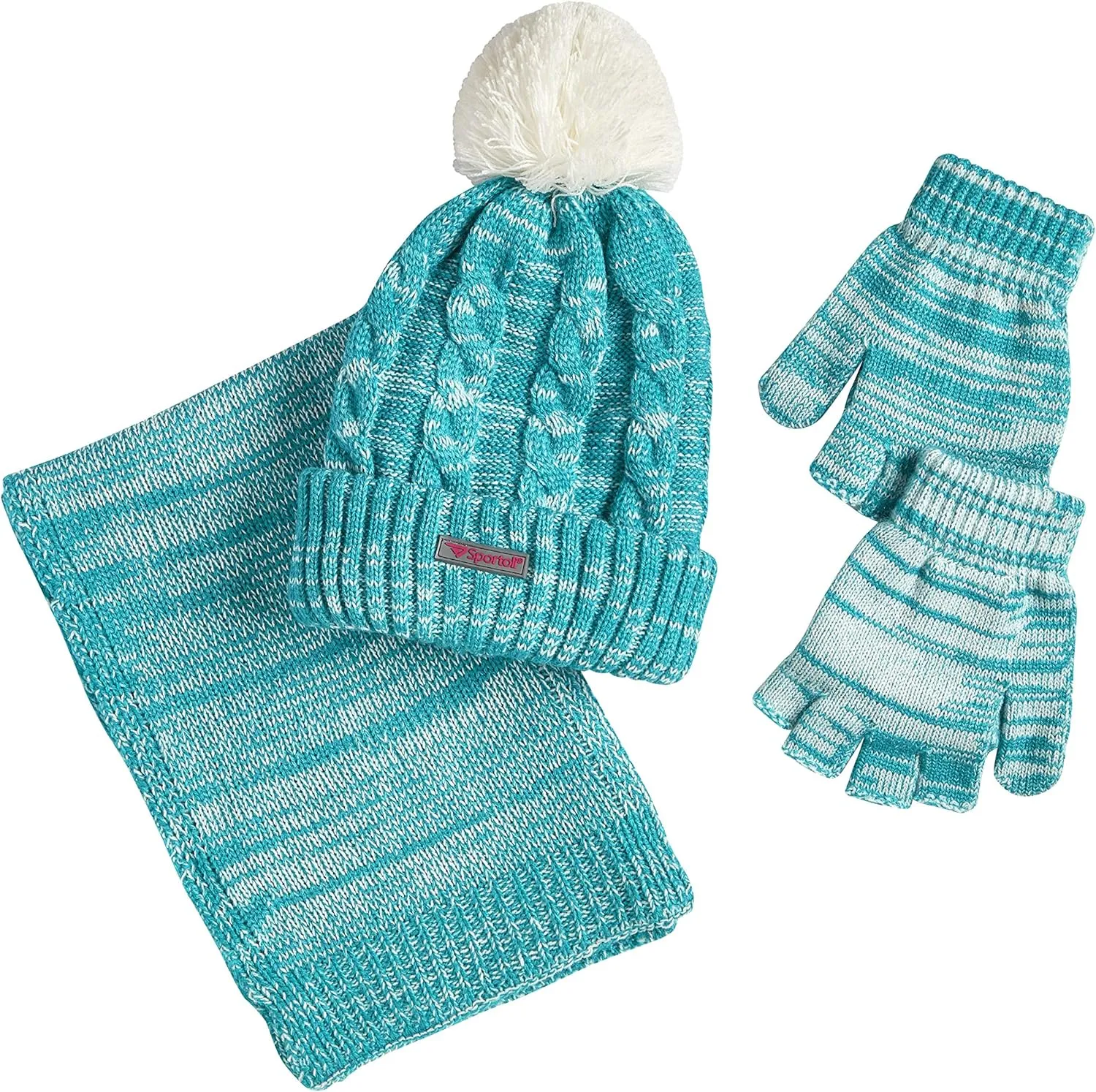 Sportoli Womens Girls kids 3-Piece Cable Knit Cold Weather Set Hat Scarf Glove - Aqua (Size Teens / 8-16 Yrs)