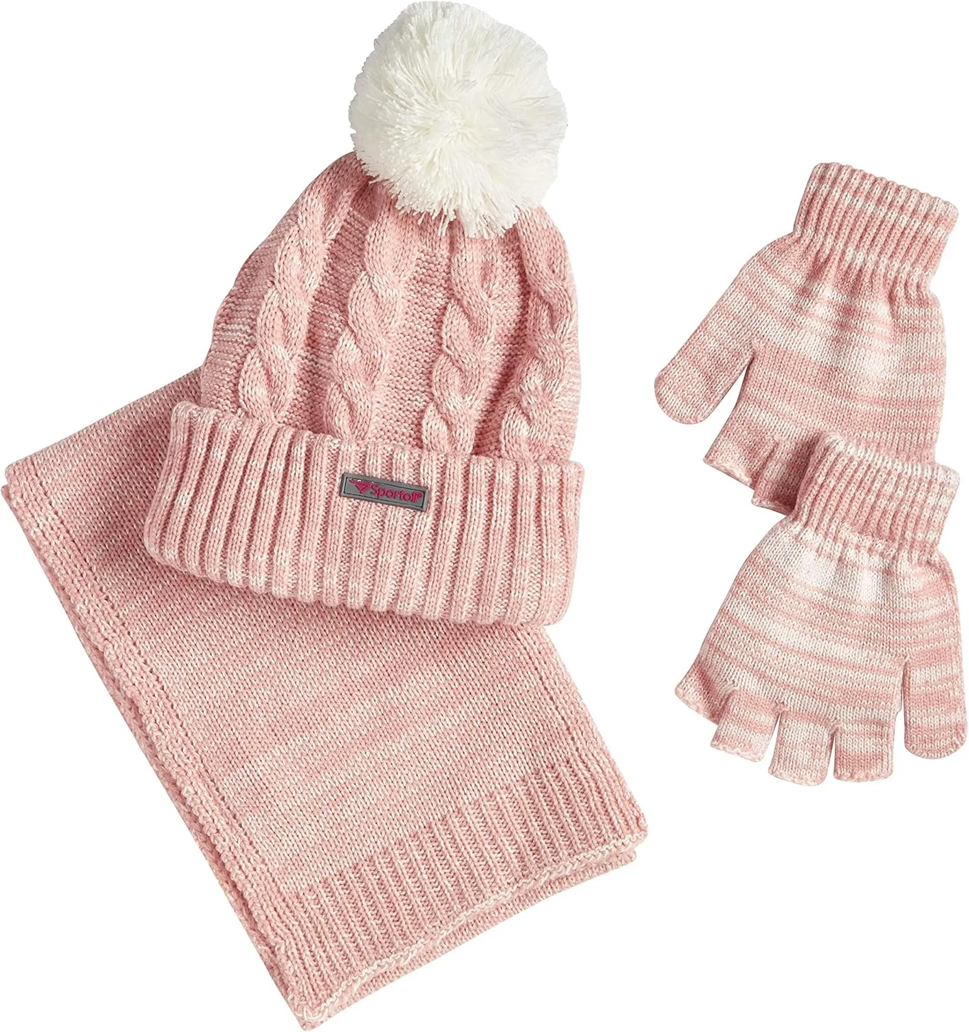Sportoli Womens Girls kids 3-Piece Cable Knit Cold Weather Set Hat Scarf Glove - Blush (Size Kids / 4-7 Yrs)