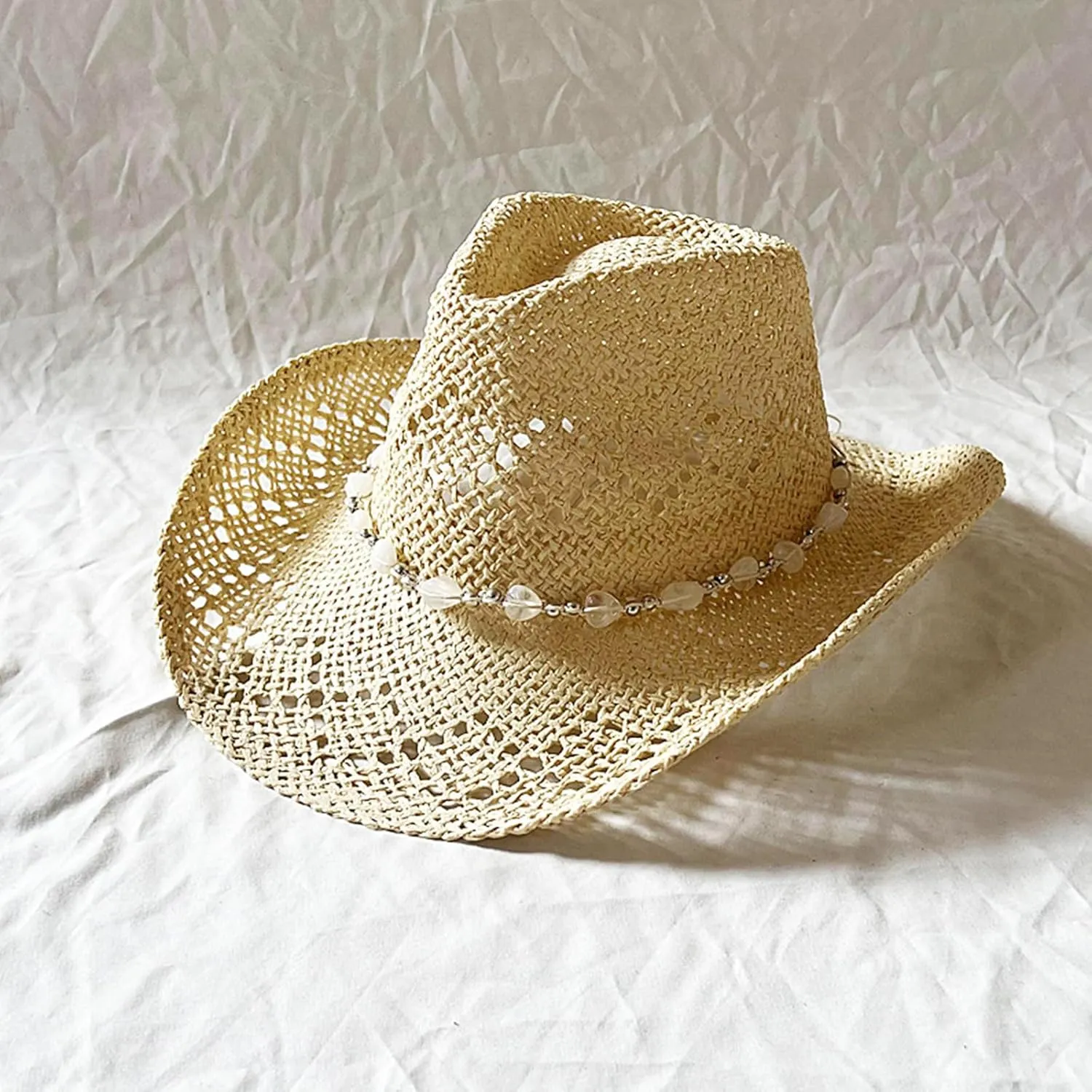 Straw Cowgirl Hats for Women Men Wide Brim Western Cowboy Hats with Decorative Beaded Band Summer Beach Sun Hat
