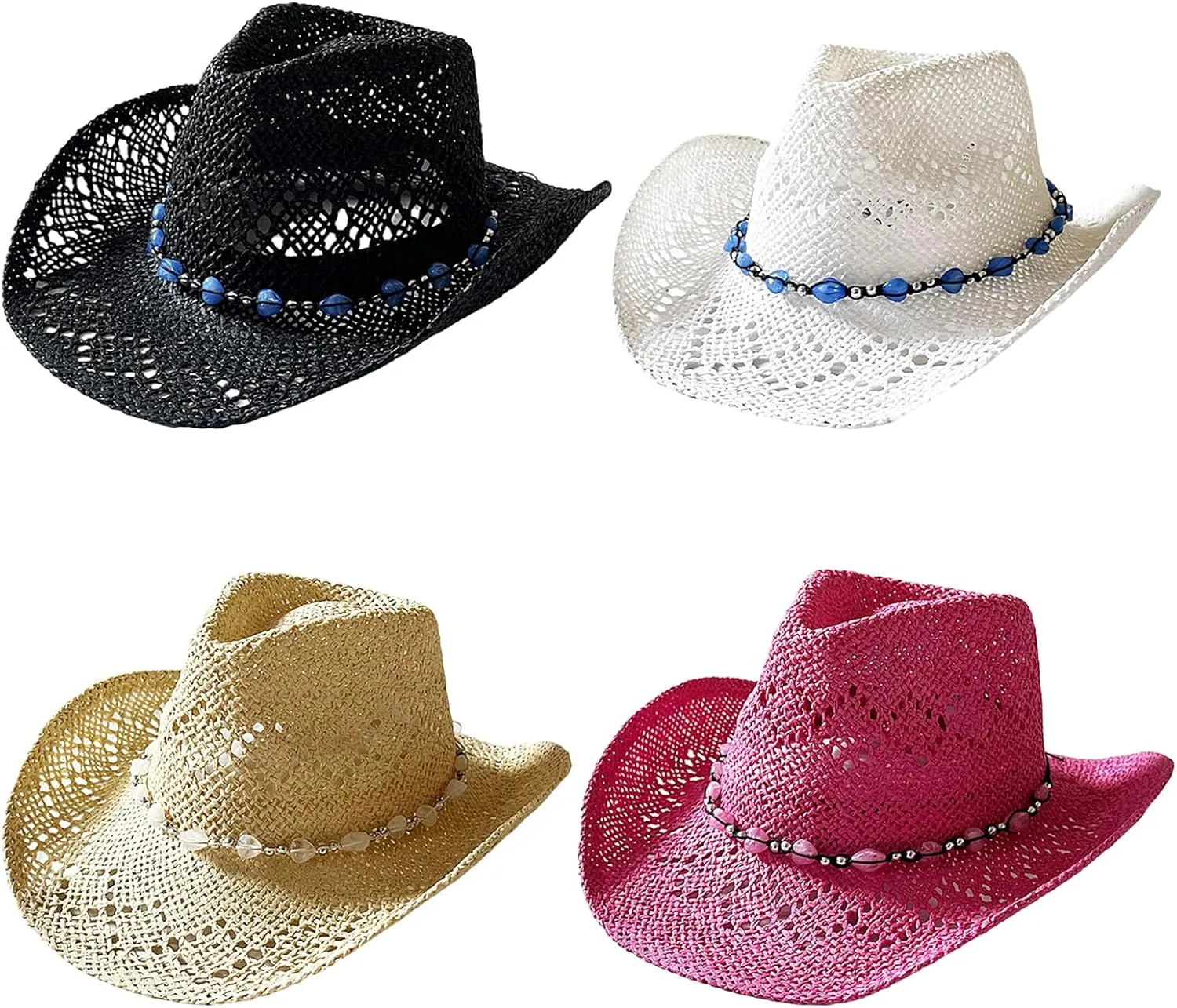 Straw Cowgirl Hats for Women Men Wide Brim Western Cowboy Hats with Decorative Beaded Band Summer Beach Sun Hat