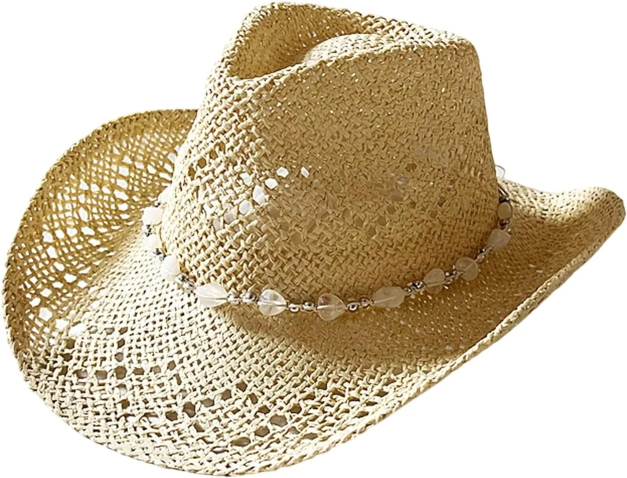 Straw Cowgirl Hats for Women Men Wide Brim Western Cowboy Hats with Decorative Beaded Band Summer Beach Sun Hat