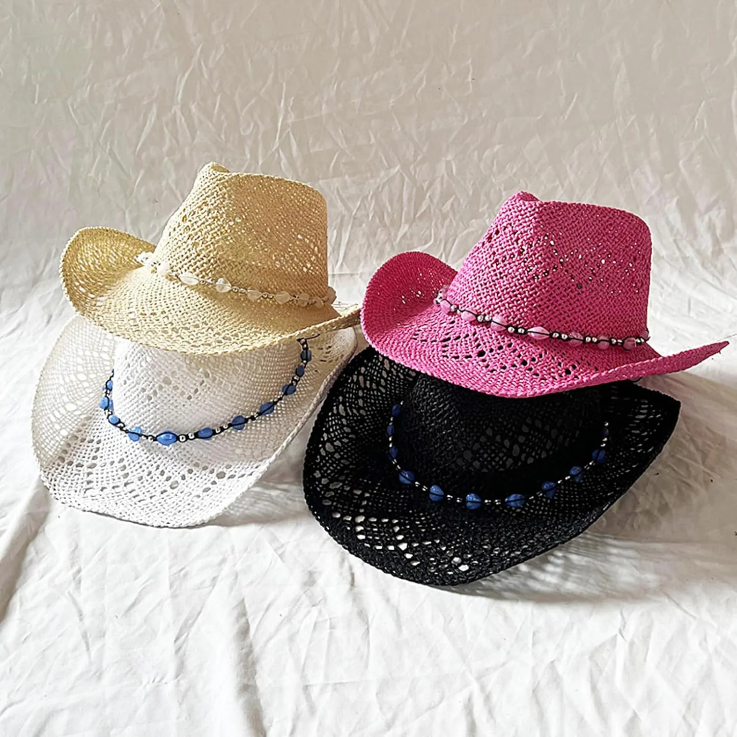 Straw Cowgirl Hats for Women Men Wide Brim Western Cowboy Hats with Decorative Beaded Band Summer Beach Sun Hat