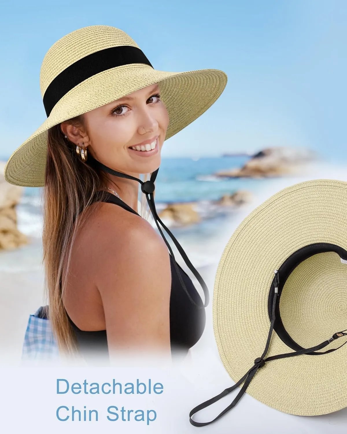 Sun Hats for Women - Oversize Large Straw Beach Hat for Summer Floppy Wide Brim Packable Foldable Roll Up UPF 50 