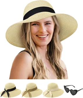 Sun Hats for Women - Oversize Large Straw Beach Hat for Summer Floppy Wide Brim Packable Foldable Roll Up UPF 50 