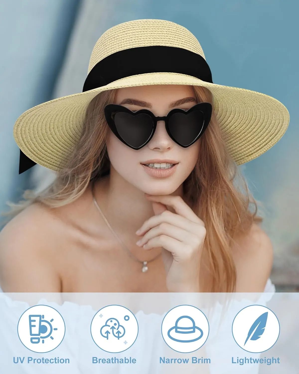 Sun Hats for Women - Oversize Large Straw Beach Hat for Summer Floppy Wide Brim Packable Foldable Roll Up UPF 50 