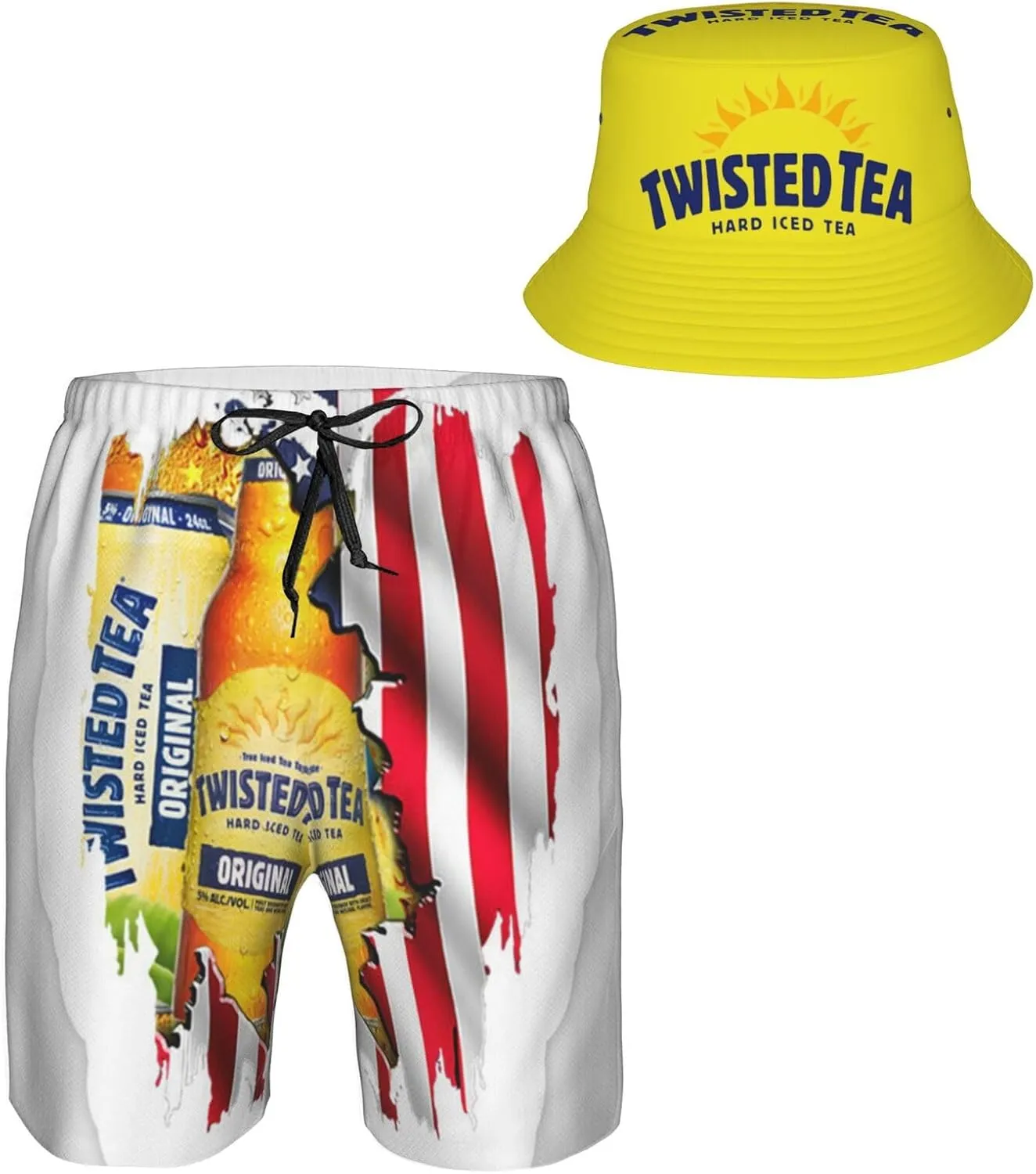 T-Wisted T-Ea Men's Beach Combo: Packable Bucket Hat&Quick Dry Shorts¨CTrendy Print Fisherman Cap & Drawstring Swim Trunks
