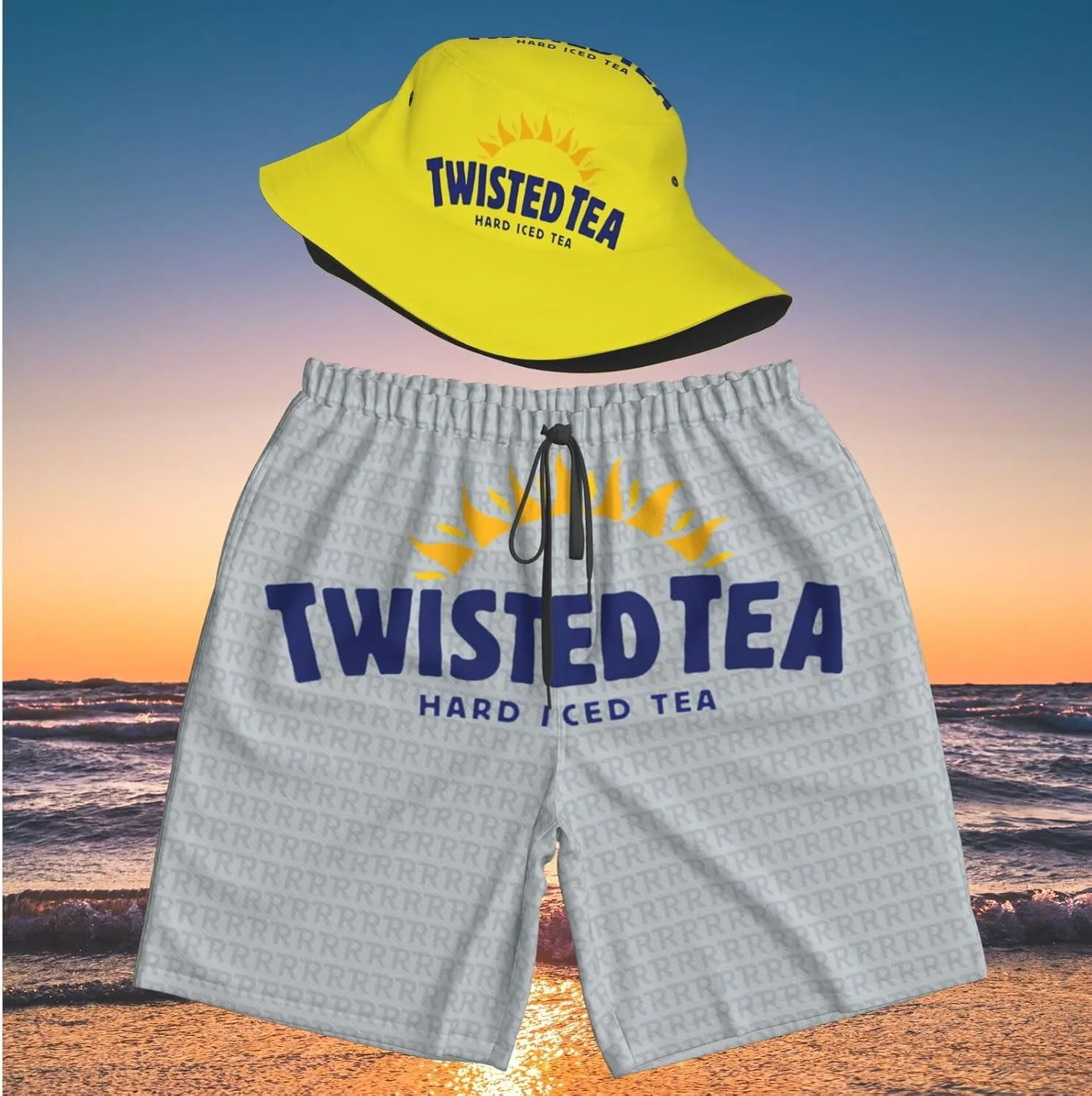 T-Wisted T-Ea Men's Beach Combo: Packable Bucket Hat&Quick Dry Shorts¨CTrendy Print Fisherman Cap & Drawstring Swim Trunks