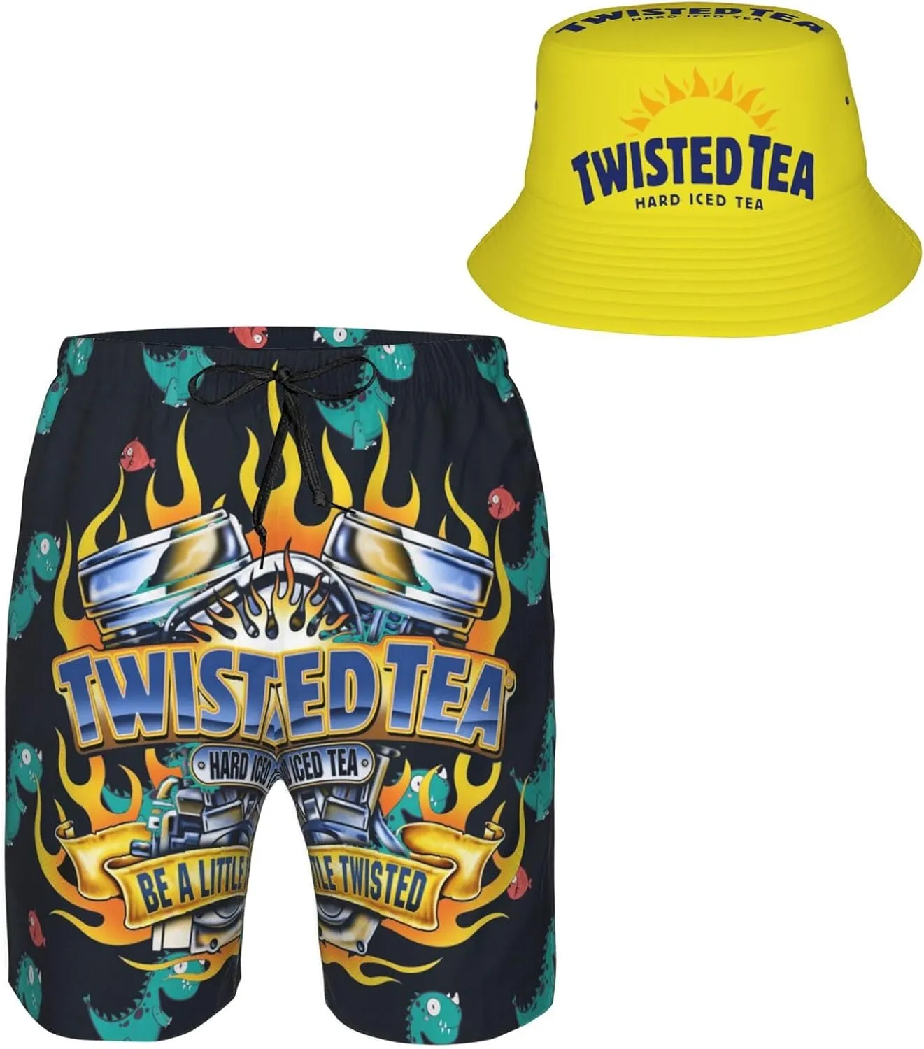 T-Wisted T-Ea Men'S Beach Combo: Packable Bucket Hat&Quick Dry Shorts¨CTrendy Print Fisherman Cap & Drawstring Swim Trunks