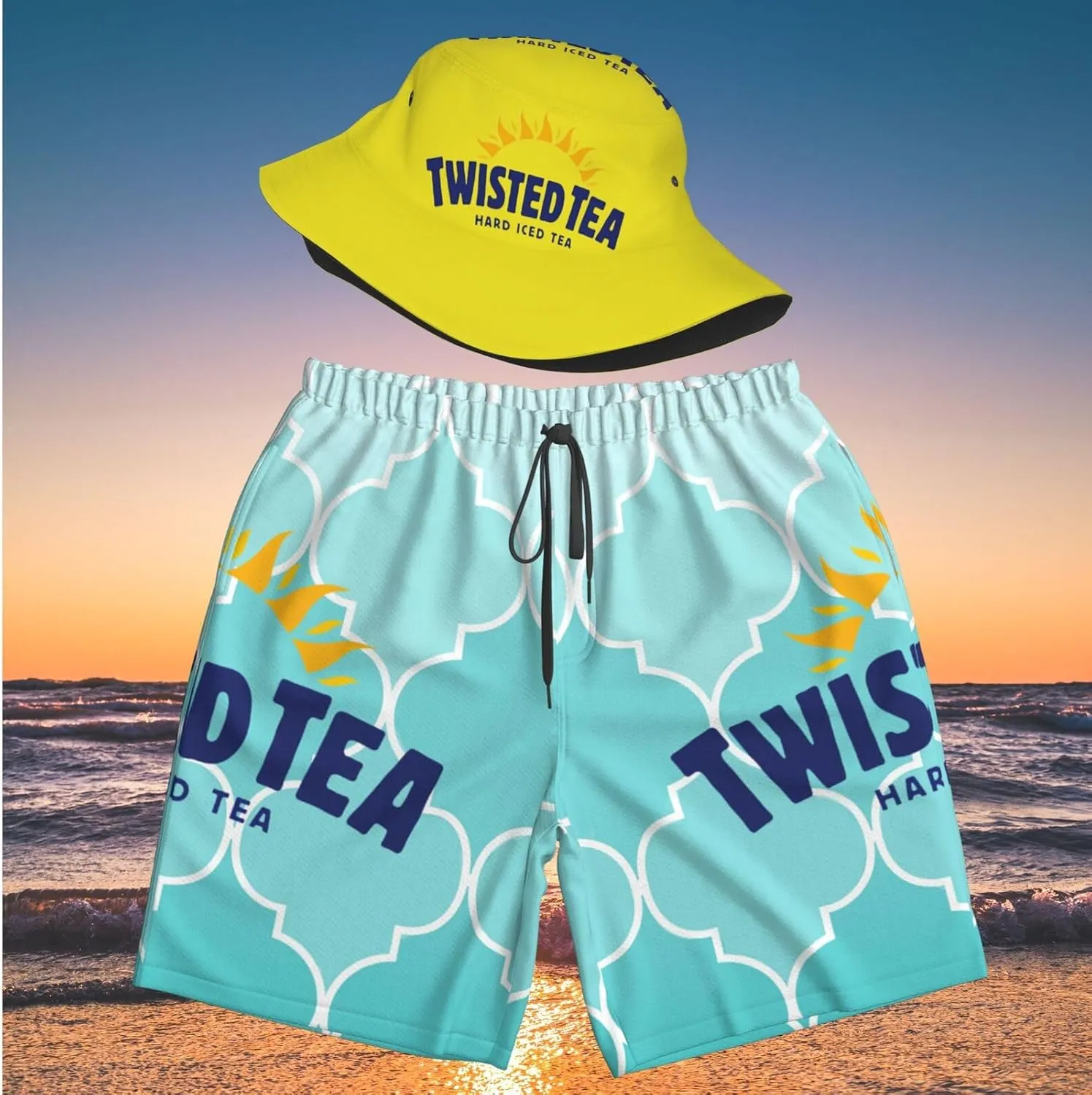 T-Wisted T-Ea Men'S Beach Combo: Packable Bucket Hat&Quick Dry Shorts¨CTrendy Print Fisherman Cap & Drawstring Swim Trunks