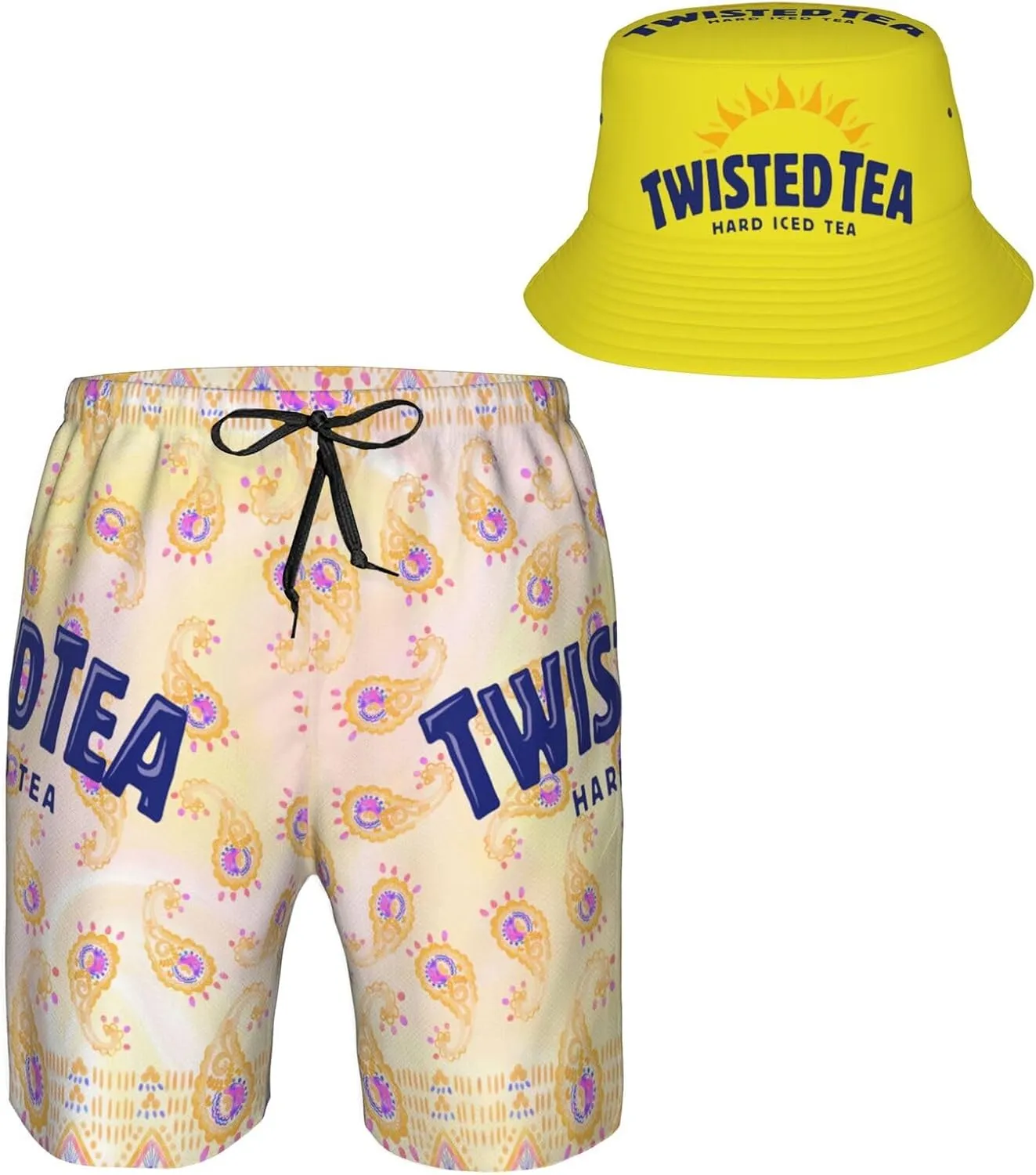 T-Wisted T-Ea Men'S Beach Combo: Packable Bucket Hat&Quick Dry Shorts¨CTrendy Print Fisherman Cap & Drawstring Swim Trunks