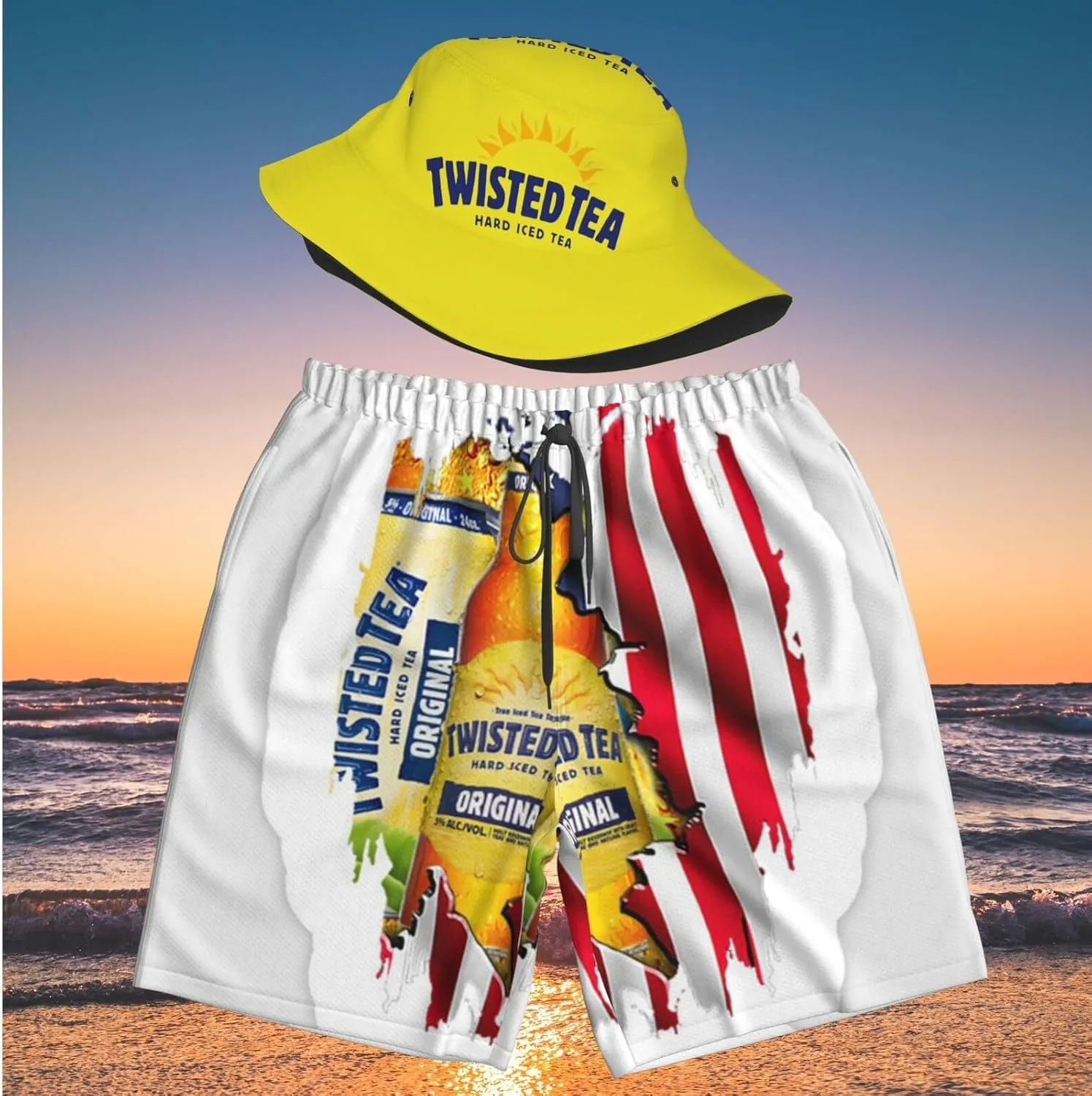 T-Wisted T-Ea Men's Beach Combo: Packable Bucket Hat&Quick Dry Shorts¨CTrendy Print Fisherman Cap & Drawstring Swim Trunks