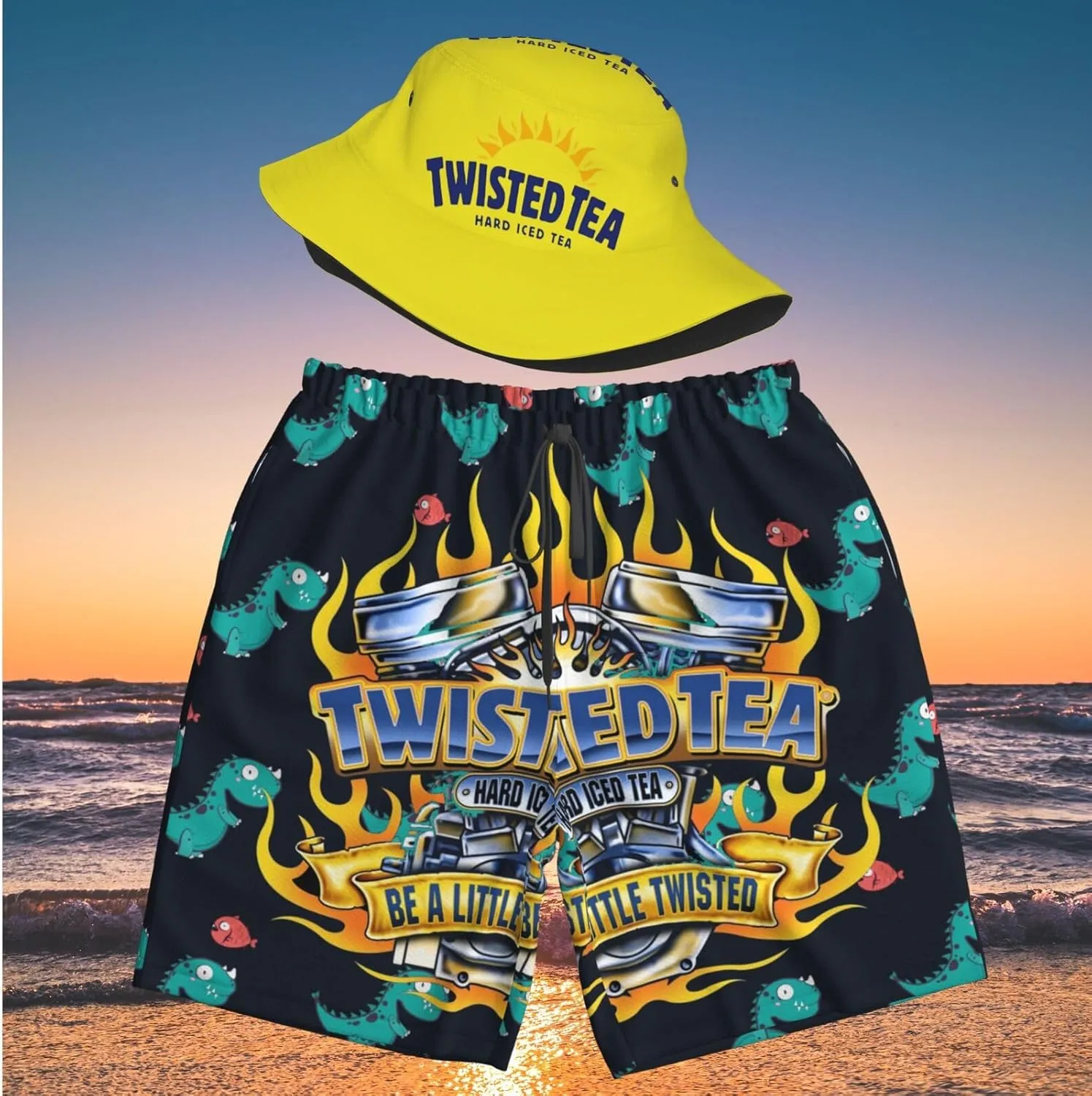 T-Wisted T-Ea Men'S Beach Combo: Packable Bucket Hat&Quick Dry Shorts¨CTrendy Print Fisherman Cap & Drawstring Swim Trunks