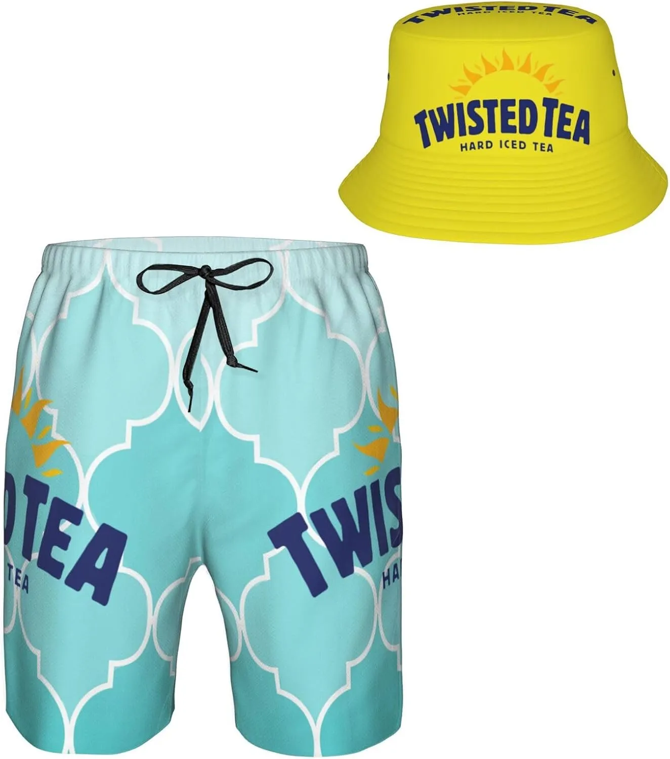 T-Wisted T-Ea Men'S Beach Combo: Packable Bucket Hat&Quick Dry Shorts¨CTrendy Print Fisherman Cap & Drawstring Swim Trunks