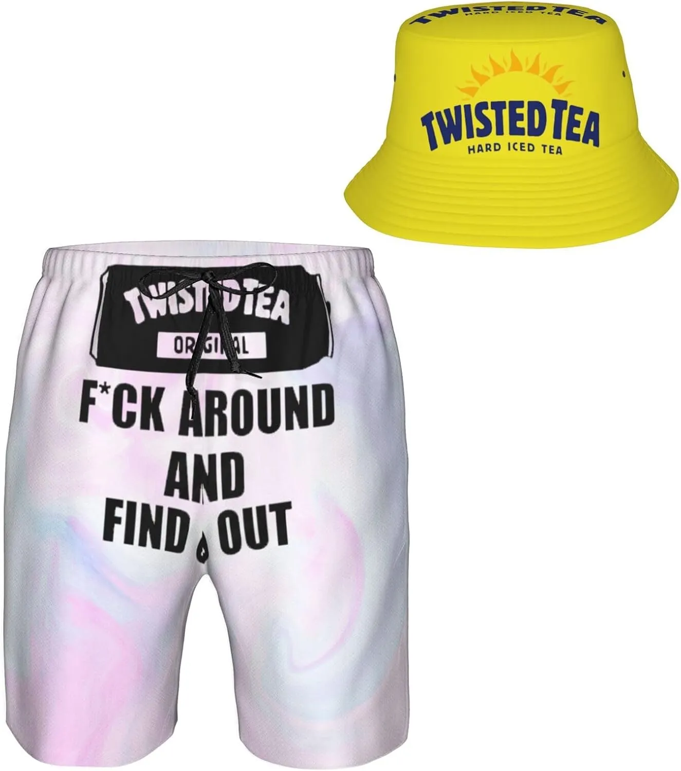 T-Wisted T-Ea Men'S Beach Combo: Packable Bucket Hat&Quick Dry Shorts¨CTrendy Print Fisherman Cap & Drawstring Swim Trunks