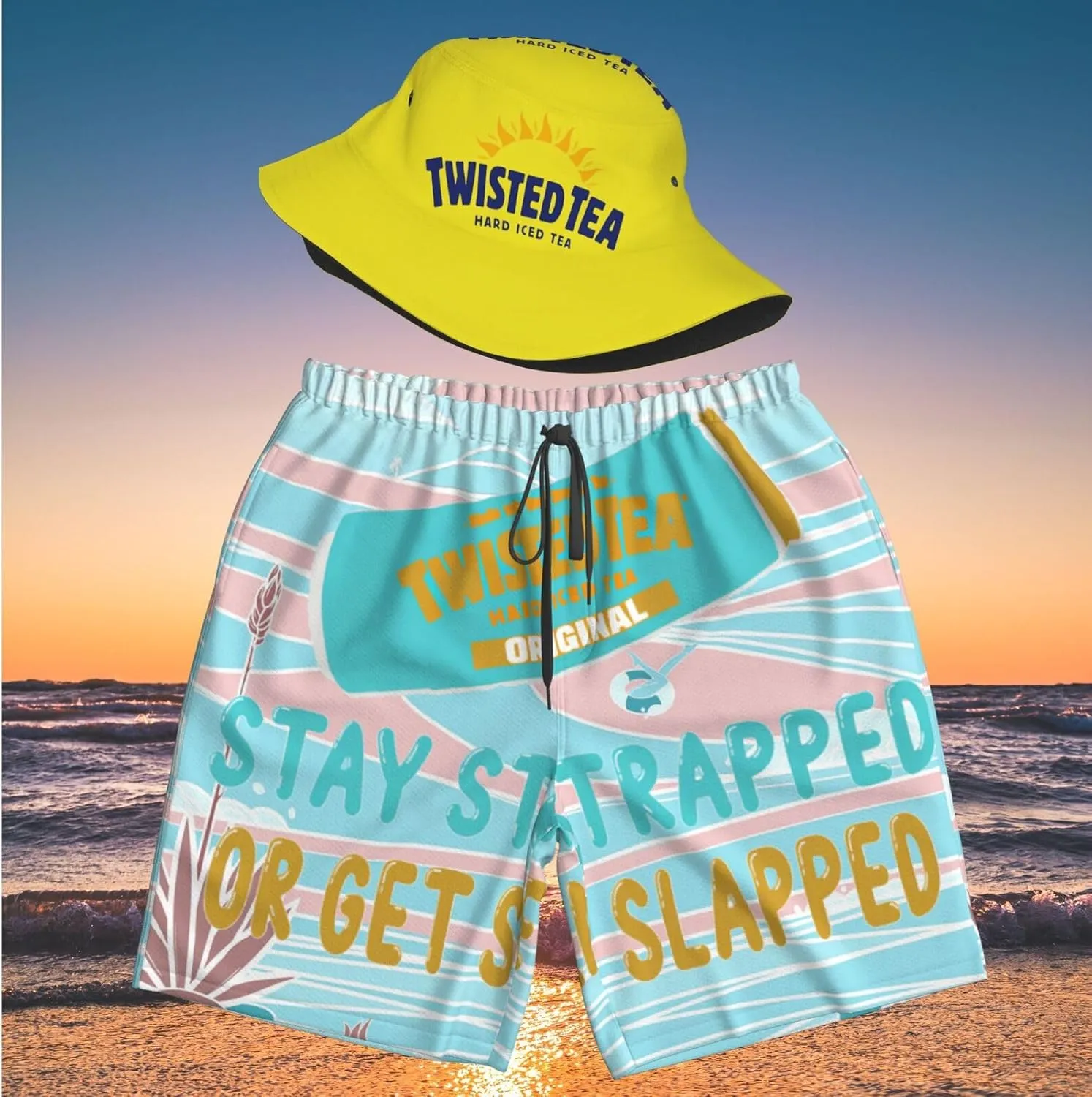 T-Wisted T-Ea Men'S Beach Combo: Packable Bucket Hat&Quick Dry Shorts¨CTrendy Print Fisherman Cap & Drawstring Swim Trunks