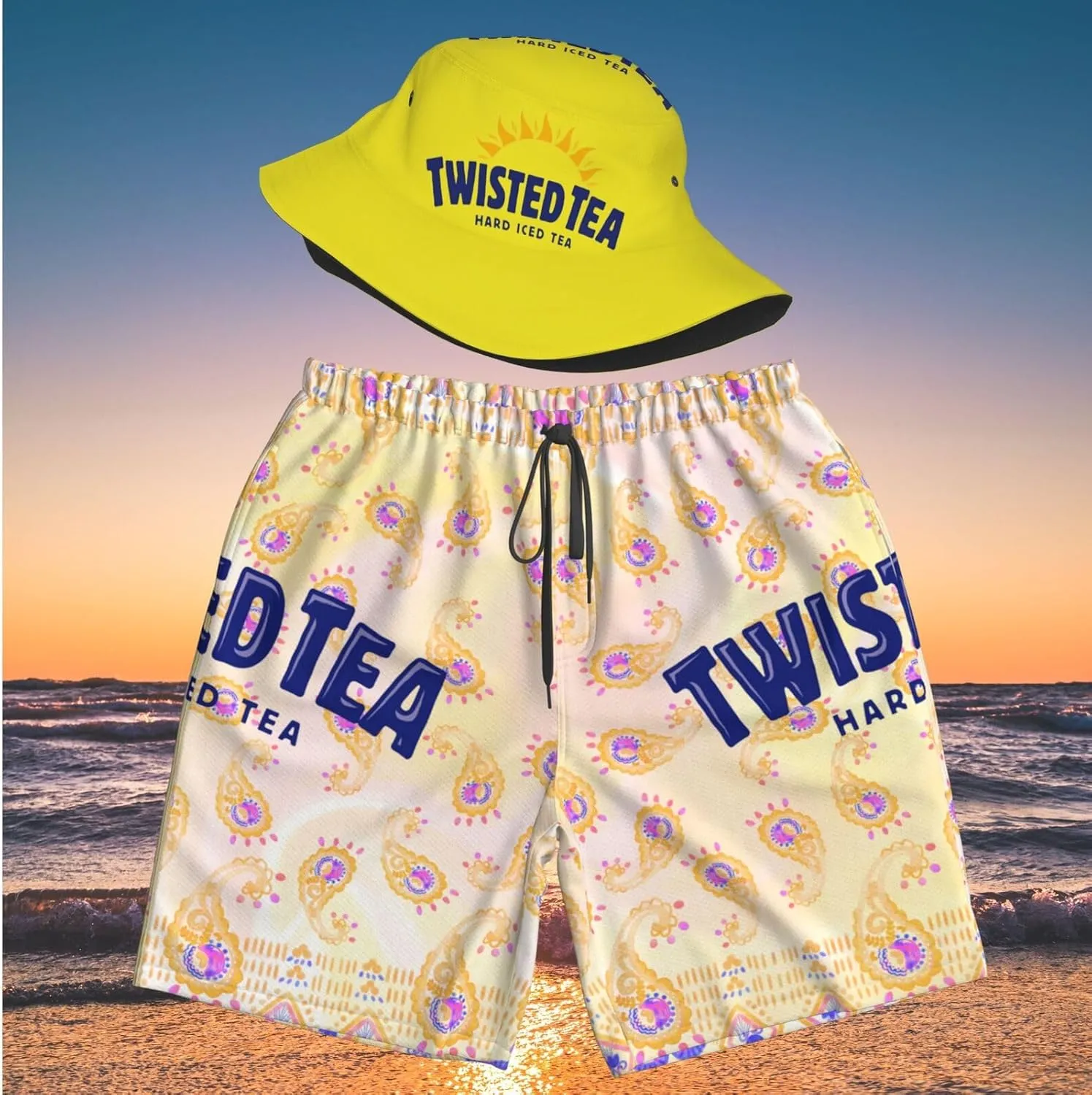 T-Wisted T-Ea Men'S Beach Combo: Packable Bucket Hat&Quick Dry Shorts¨CTrendy Print Fisherman Cap & Drawstring Swim Trunks
