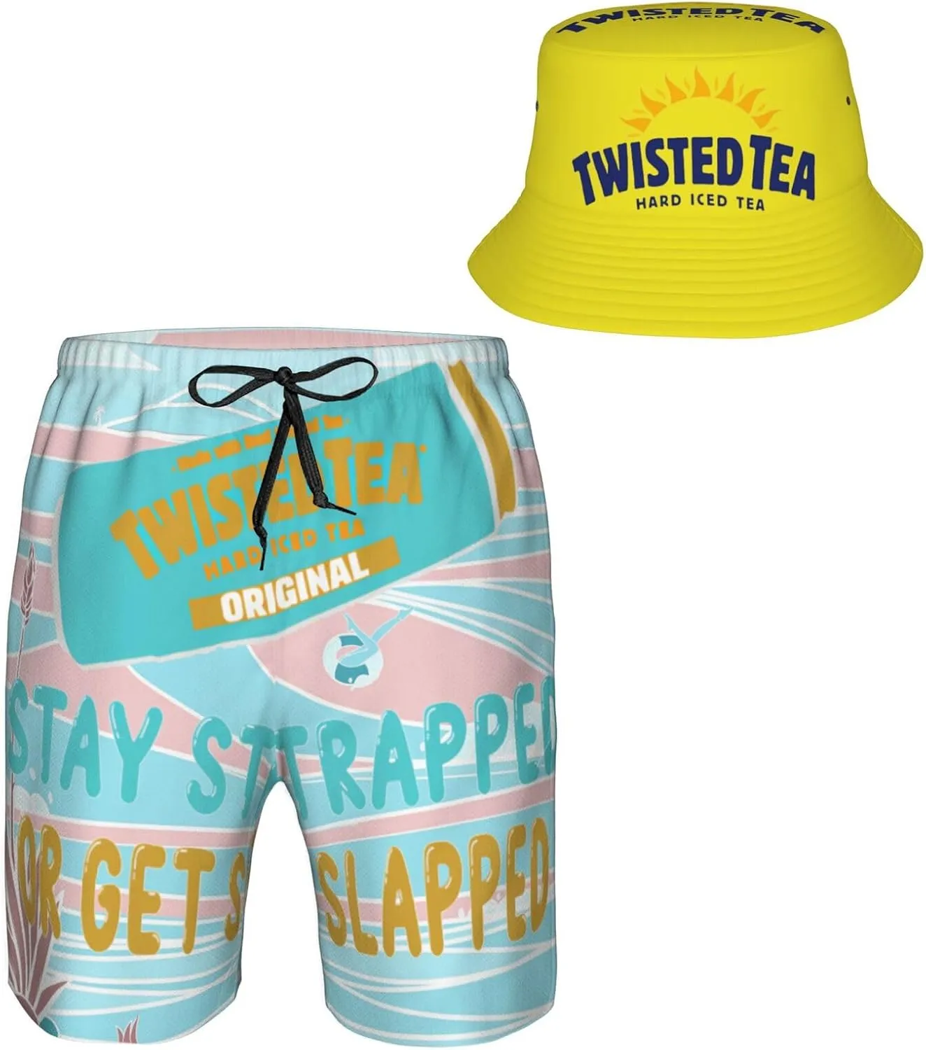 T-Wisted T-Ea Men'S Beach Combo: Packable Bucket Hat&Quick Dry Shorts¨CTrendy Print Fisherman Cap & Drawstring Swim Trunks