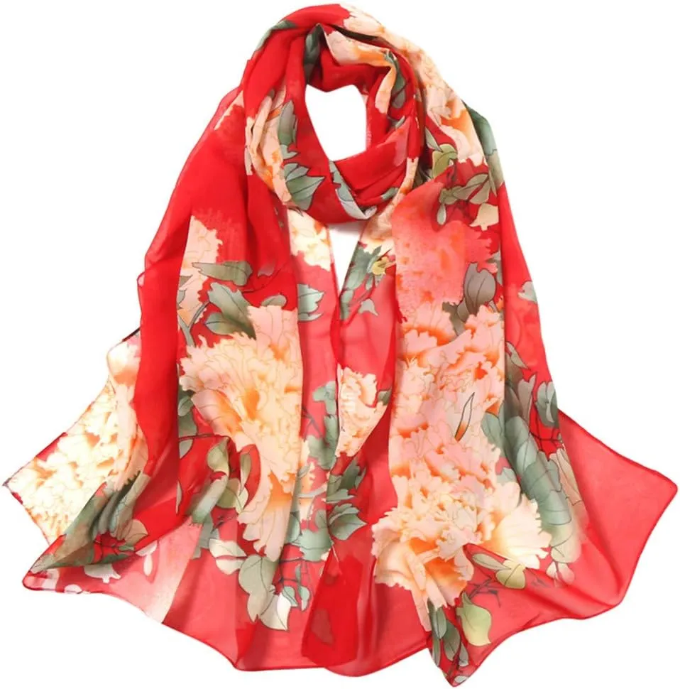 Women Flowers Print Chiffon Scarf Fashion Scarf Soft Breathable Sun-proof Silk Blend Lightweight Beach Scarfs