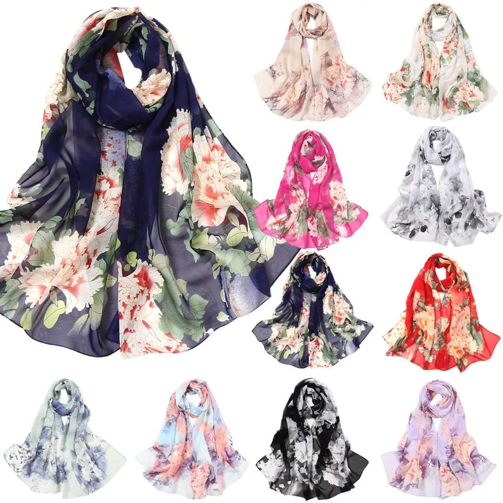 Women Flowers Print Chiffon Scarf Fashion Scarf Soft Breathable Sun-proof Silk Blend Lightweight Beach Scarfs