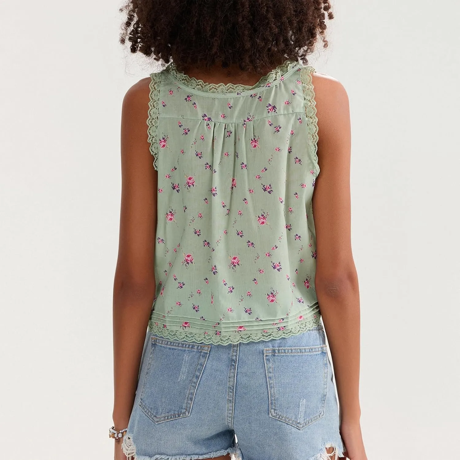 Women Sleeveless Lace Trim Tank Tops Y2K Beach Vacation Button Down Front Tie Mesh Chiffon Crop Tops