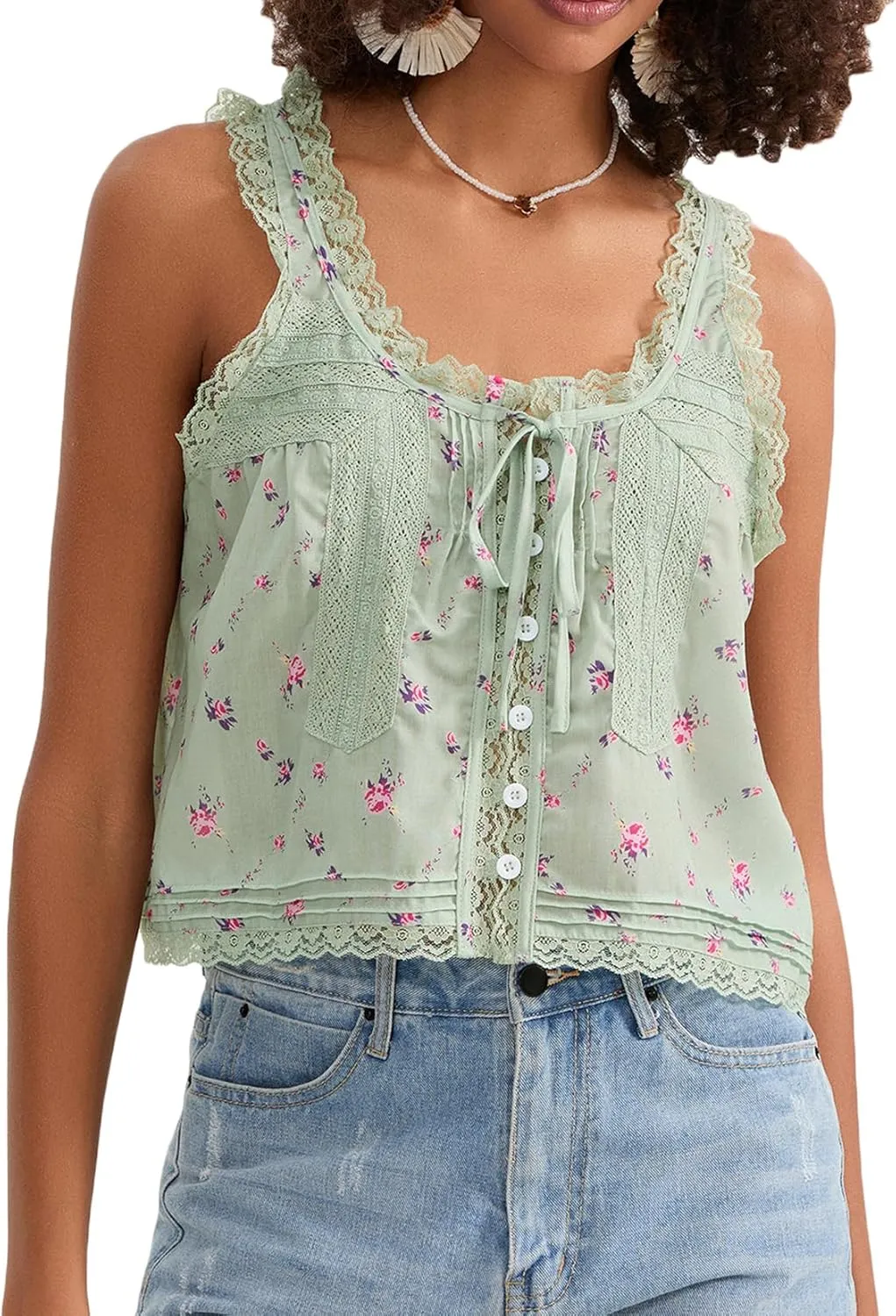 Women Sleeveless Lace Trim Tank Tops Y2K Beach Vacation Button Down Front Tie Mesh Chiffon Crop Tops