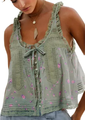 Women Sleeveless Lace Trim Tank Tops Y2K Beach Vacation Button Down Front Tie Mesh Chiffon Crop Tops