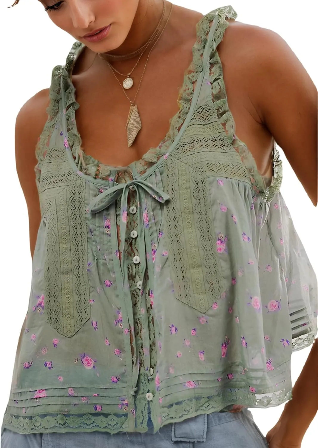 Women Sleeveless Lace Trim Tank Tops Y2K Beach Vacation Button Down Front Tie Mesh Chiffon Crop Tops