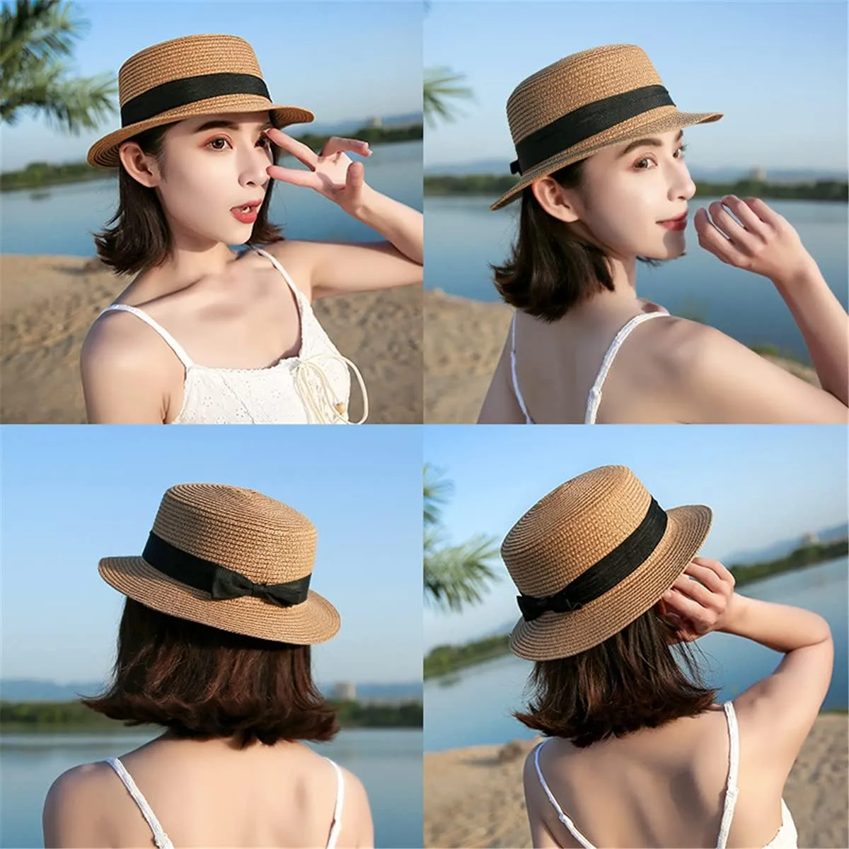 Women Straw Panama Hat Wide Brim Floppy Flat Brim Bowknot Straw Cap