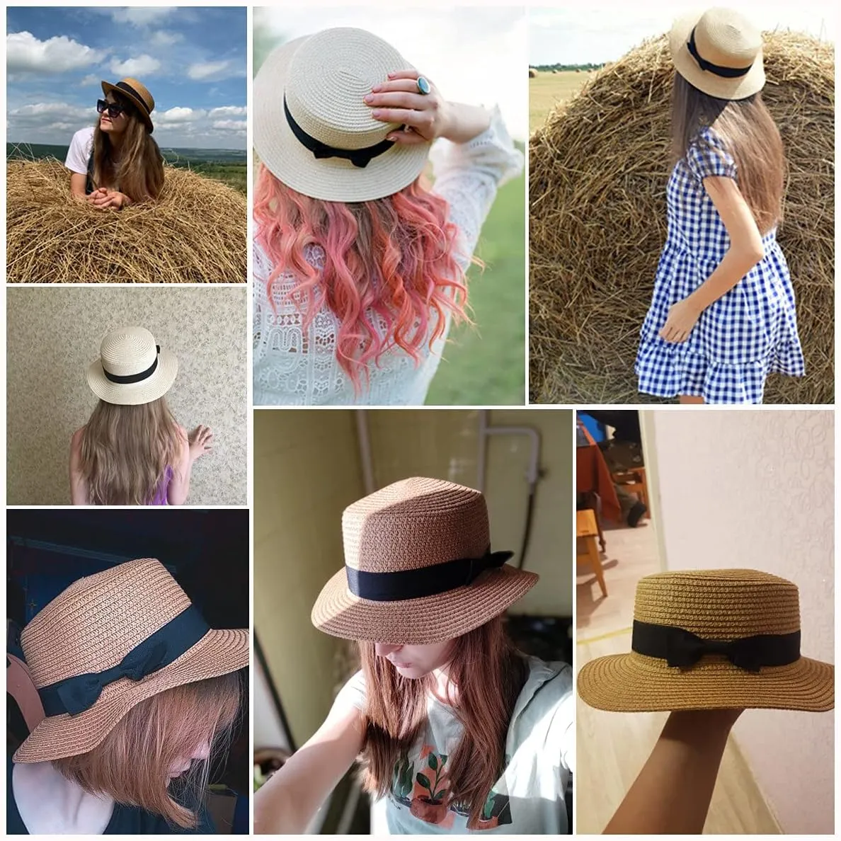 Women Straw Panama Hat Wide Brim Floppy Flat Brim Bowknot Straw Cap