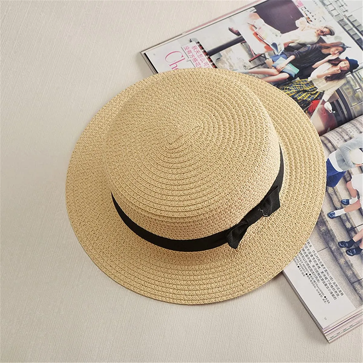 Women Straw Panama Hat Wide Brim Floppy Flat Brim Bowknot Straw Cap