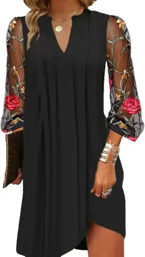Women's Floral Print Summer Dress Sheer Mesh Loose Fit V-Neck Cocktail Mini Dress with Long Sleeves S-XXL