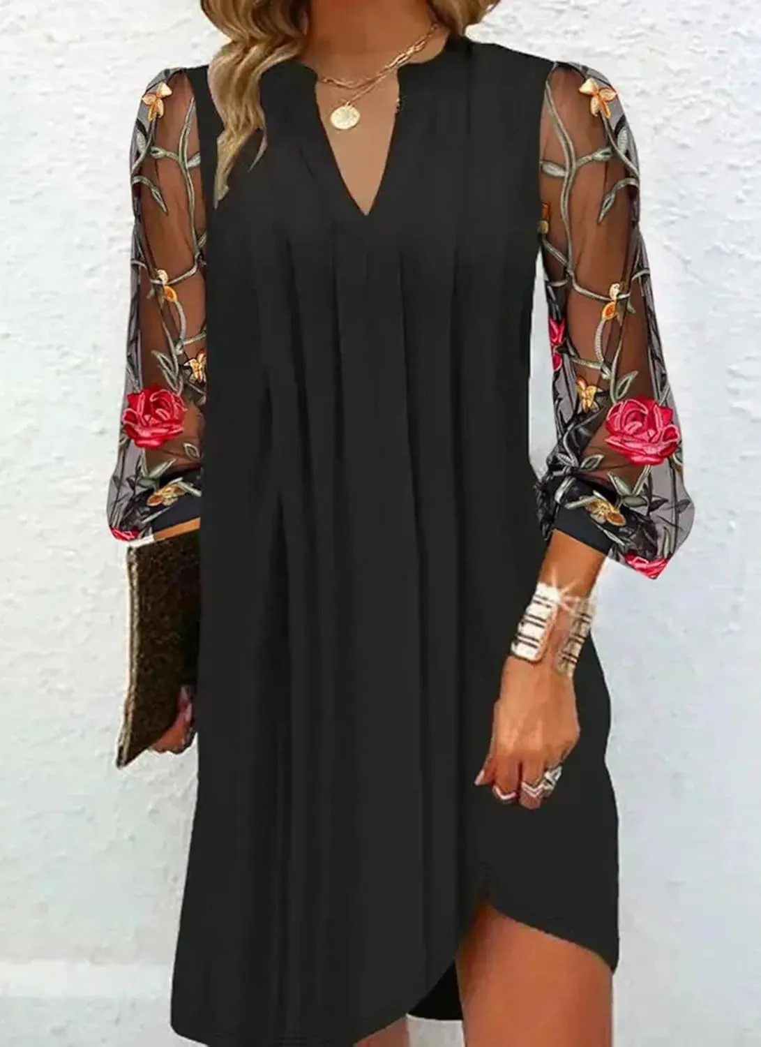 Women's Floral Print Summer Dress Sheer Mesh Loose Fit V-Neck Cocktail Mini Dress with Long Sleeves S-XXL