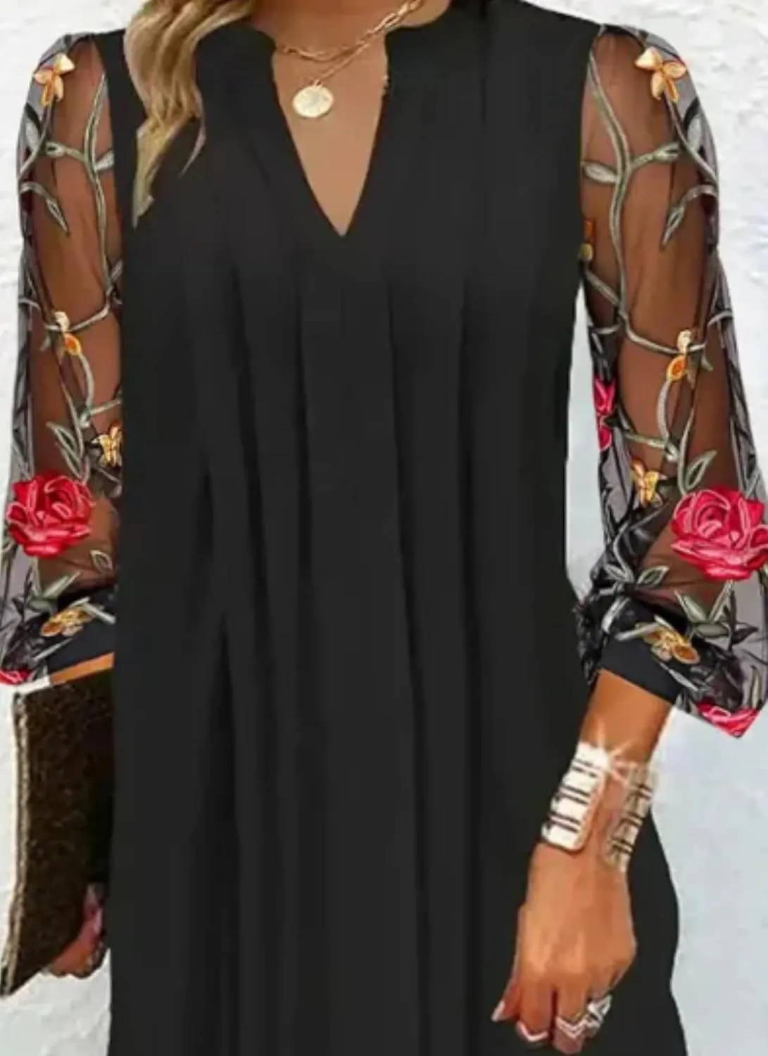 Women's Floral Print Summer Dress Sheer Mesh Loose Fit V-Neck Cocktail Mini Dress with Long Sleeves S-XXL