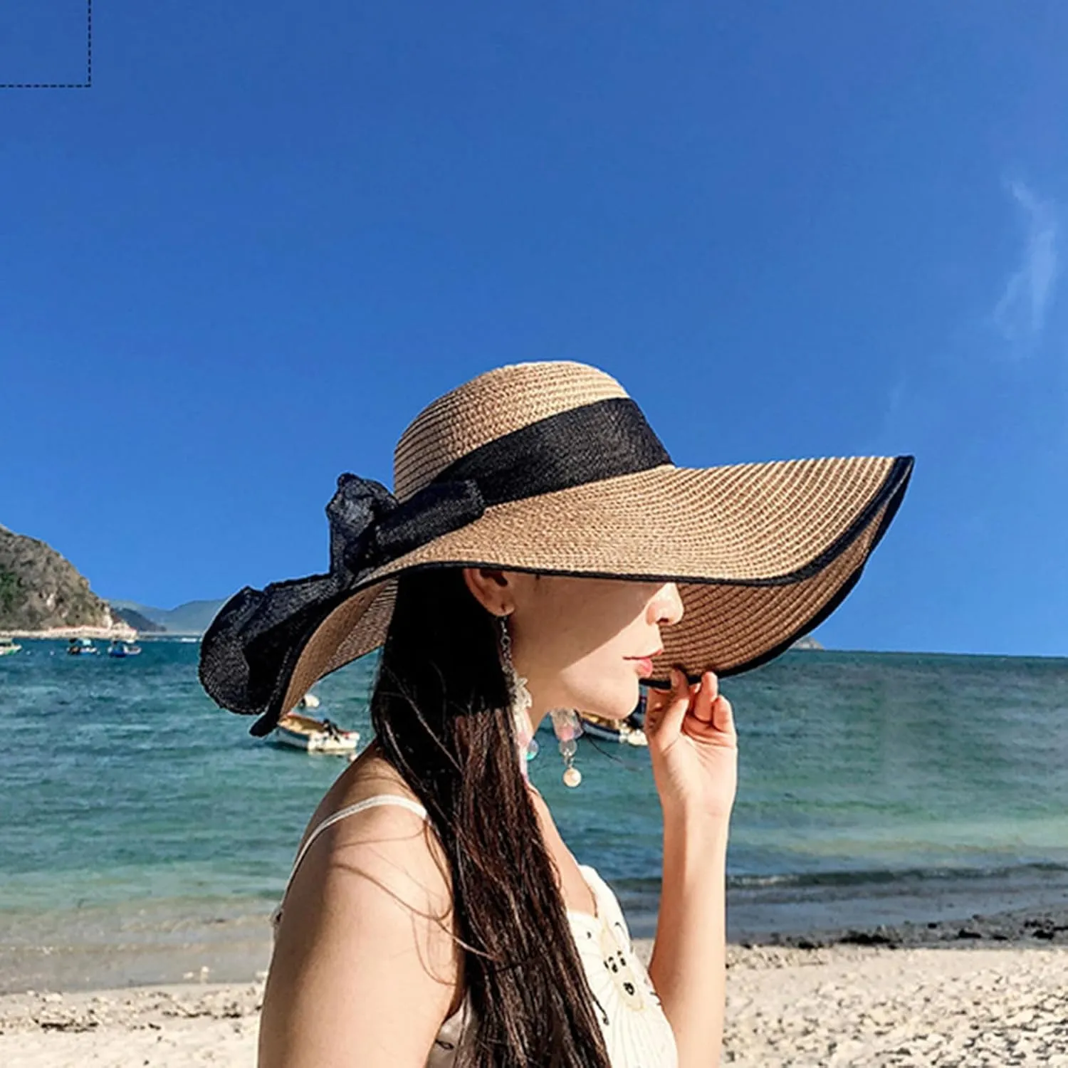 Womens Wide Brim Straw Sun Hat,Summer Floppy Beach Hat Roll-Up with Bowknot