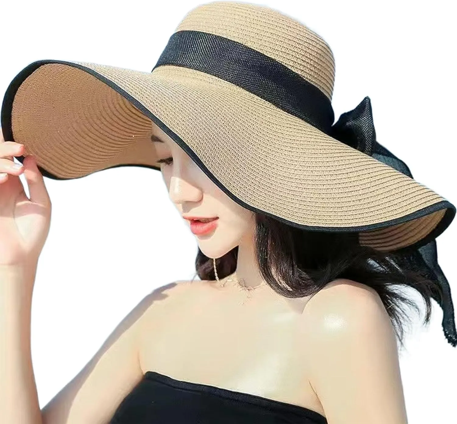 Womens Wide Brim Straw Sun Hat,Summer Floppy Beach Hat Roll-Up with Bowknot